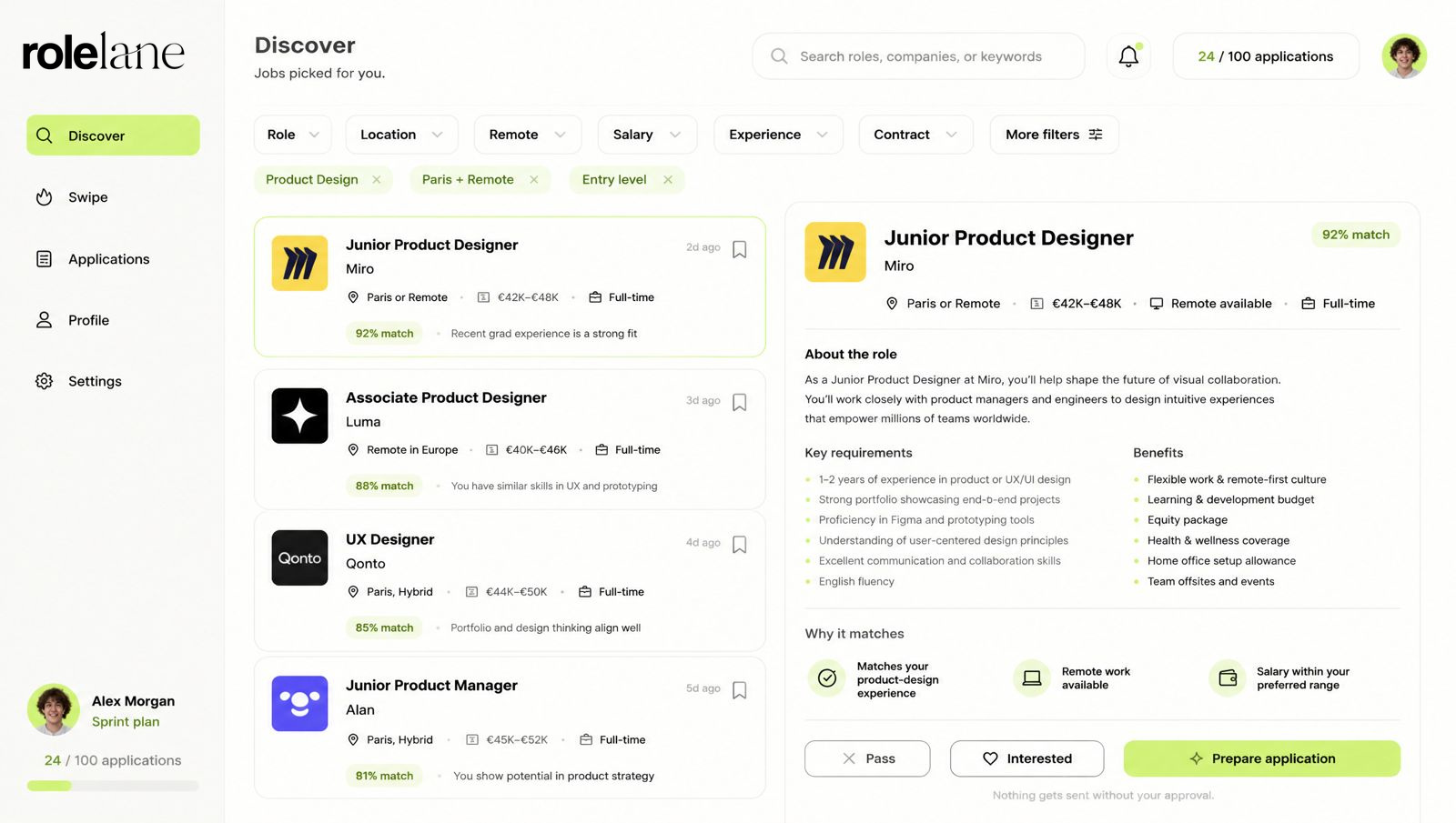 Rolelane Discover dashboard showing matched jobs and application controls